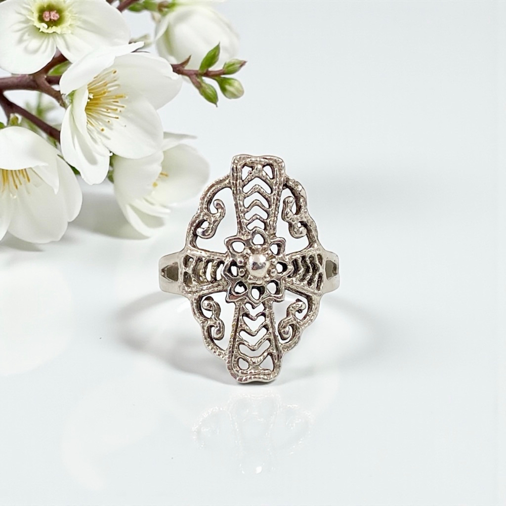Vintage Victorian Ornate Silver Celtic Cross Filigree Statement Ring, size 8